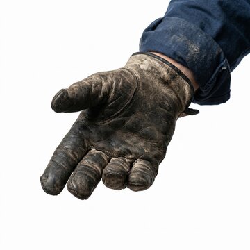 Close up of a dirty worn leather work glove on a hand.