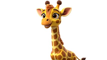 Obraz premium Friendly cartoon giraffe with long neck and cheerful face, isolated on white background, perfect for educational and children's creative projects.