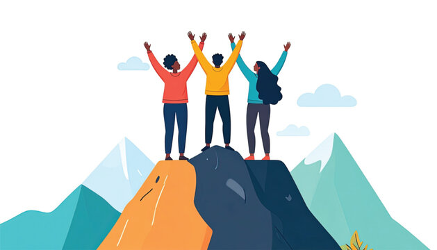 People Celebrating on Mountain Peak Together.