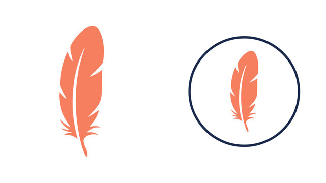 Minimalist orange feather vector icons including a standalone quill and a circled version