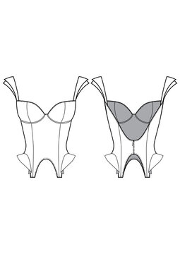 backless bustier corset top technical drawing with front and back view
