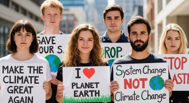 Young activists hold signs advocating for climate action and planet protection