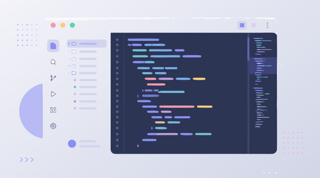 Digital abstract programming code window interface layout, minimalist flat vector illustration representing software development, technology, data science, coding, and modern web application.