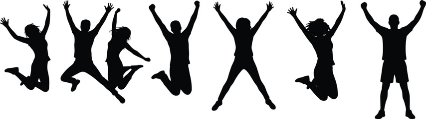 Fototapeta premium Vector Black Silhouette Set of Cheerful People Jumping and Celebrating with Raised Arms