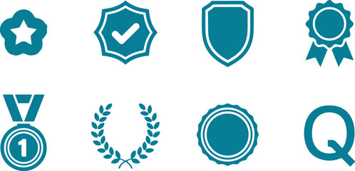Set of nine achievement award icons featuring star badge checkmark shield ribbon medal laurel wreath seal and quality mark isolated on transparent background © MURSHIDUR RAHMAN