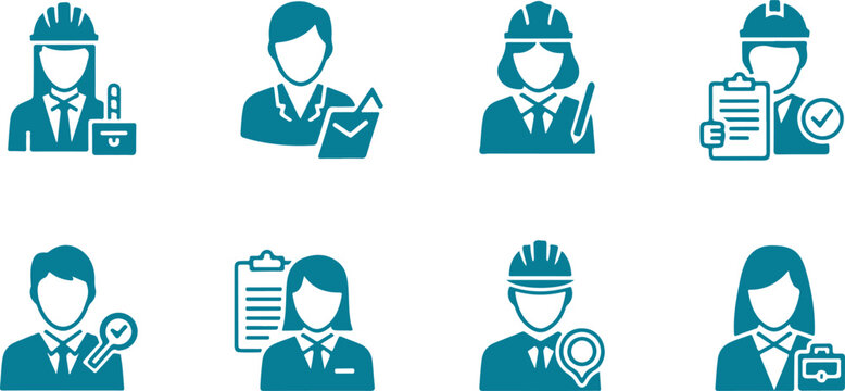 Set of eight professional icons depicting various construction and office worker roles with tools and documents isolated on transparent background