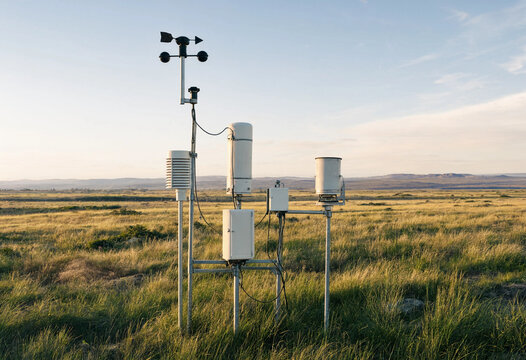 Weather station equipment with sensors and data loggers installed in a vast grassy field under a clear sky for meteorological monitoring