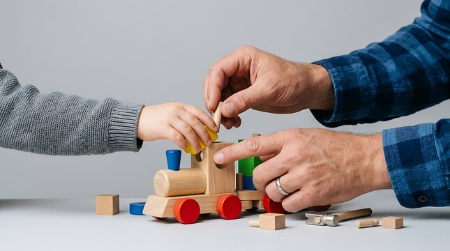 Father&rsquo;s hand and child&rsquo;s hand assembling a wooden toy