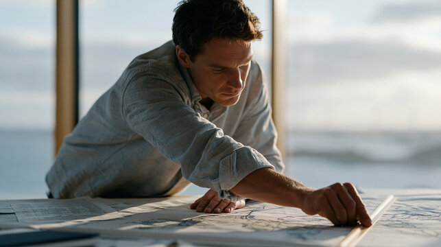 Offshore wind construction logistics map spread across a planning room table covered with scheduling printouts, project engineer leaning over with a ruler tracing cable routing