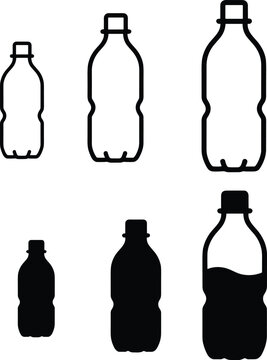 Plastic bottle silhouette and outline collection showing various sizes and fill levels for packaging, recycling, and beverage design concepts