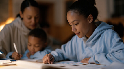 Naklejka premium After school homework help coordinator uses a personal cell phone light to illuminate a workspace after the community center power flickered, children continuing their worksheets