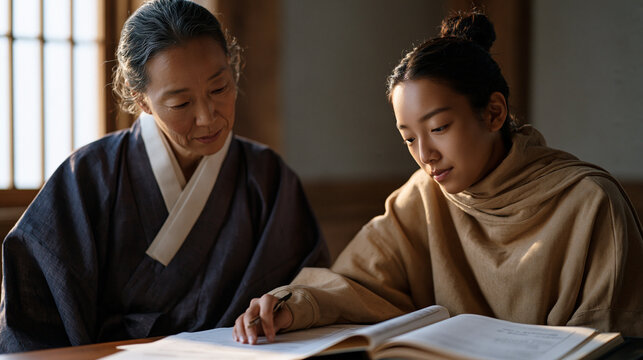 South Korean immigrant teenager at a school guidance counselor's desk with a bilingual parent beside her, a university application form spread open, cultural assimilation pressure