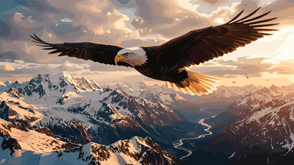 Majestic bald eagle flying over snowy mountain landscape at sunset, wild bird vector illustration, graphic nature art, wildlife scenery background © Mdjoshel 