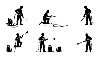 Naklejka premium Pressure Washer Icons Set, Cleaning Service Silhouettes, Outdoor Maintenance Vector Graphics, Residential and Commercial Washing Symbols