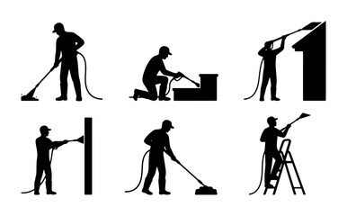 Naklejka premium Pressure Washing Service Icons, Exterior Cleaning Silhouettes, Residential Maintenance Graphics, Professional Home Care Symbols