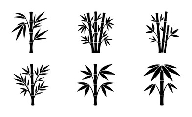Fototapeta premium Bamboo Plant Vector Icons Set, Black Silhouette Stalks and Leaves, Natural Organic Elements for Asian Design and Wellness Graphics