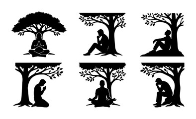 Obraz premium Meditating Figures Under Trees, Silhouette Collection: Serene Mindfulness, Contemplation, and Spiritual Growth Icons