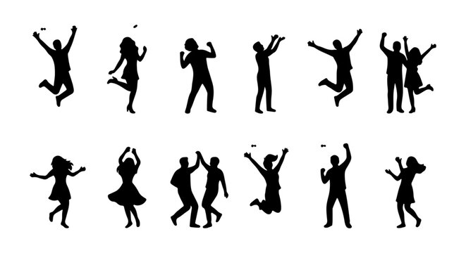 Joyful Silhouette People, Celebration Vector Icons, Dancing Figures, Group Happiness, Dynamic Poses