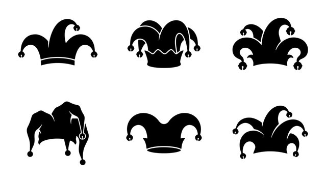 Jester Hats Collection, Medieval Court Fool Caps, Carnival Jester Headwear Icons, Festive Harlequin Accessories, Black Silhouette Vector Graphics