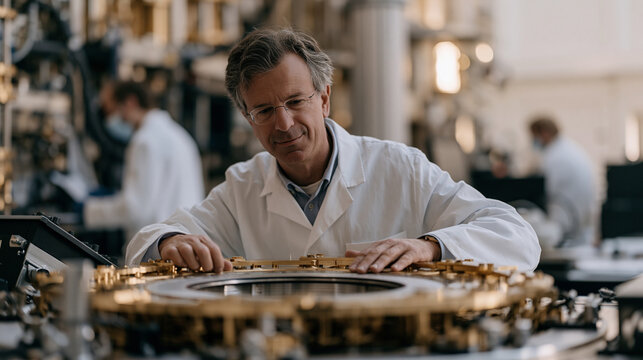 Atomic clock calibration chamber where precision metrology specialists in static free environments align cesium frequency standards used by global navigation satellite systems