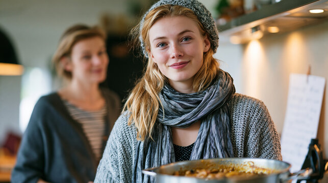 Belgian au pair cooking a traditional stoofvlees stew in a host family's open-plan kitchen, a handwritten recipe card from home propped against the splashback, the host mother