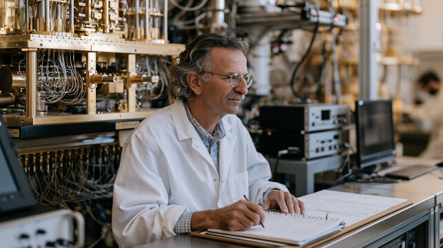 Atomic clock calibration chamber where precision metrology specialists in static free environments align cesium frequency standards used by global navigation satellite systems
