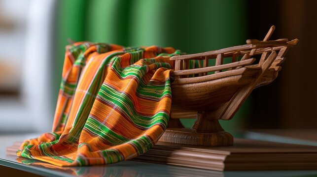 Kikoy cloth draped over carved dhow model on retail shelf with patterns, warm realistic still life