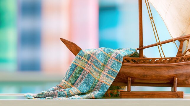 Striped kikoy cloth draped over carved wooden dhow model on store shelf, rich fabric texture, soft ambient light
