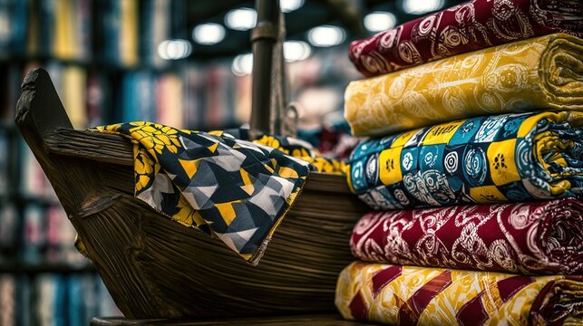 Kikoy cloth draped over carved dhow model on retail shelf with geometric patterns, clear product display, ample copy space