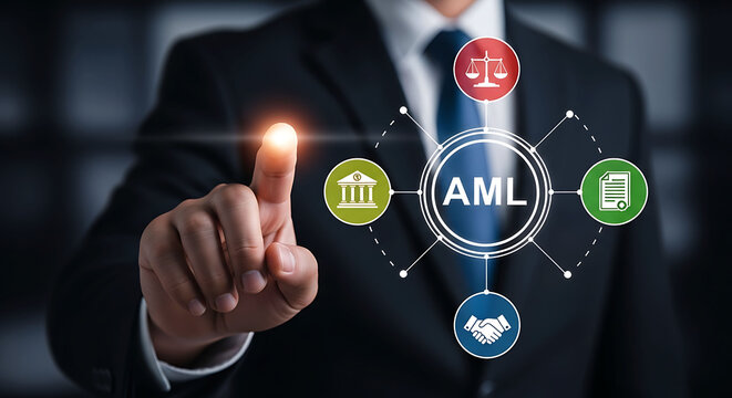 Businessman touching AML anti money laundering compliance concept digital interface