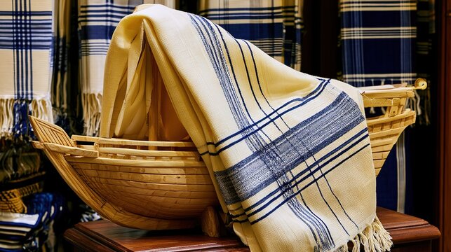 Carved wooden dhow model covered with colorful kikoy cloth on shop shelf, ethnic patterns and handwork, warm light