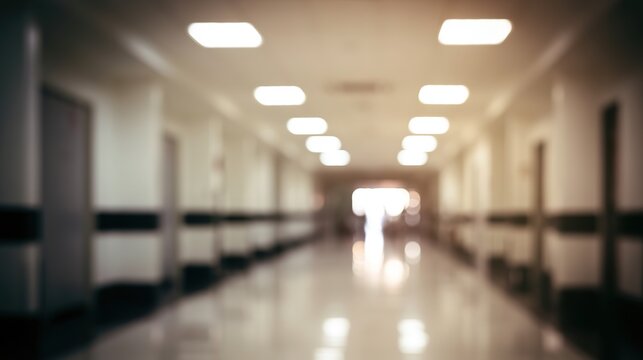 Hospital corridor fading to darkness with blurred perspective, medical environment abstract concept, minimal composition
