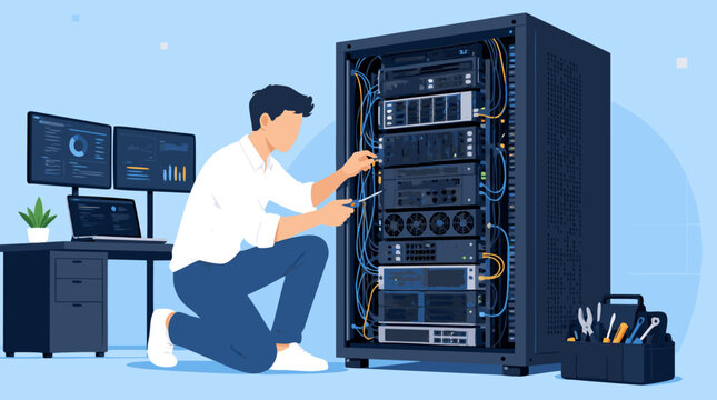 Faceless engineer maintaining a massive server rack in a modern data center, flat vector illustration showing IT infrastructure, cloud computing, network hardware, and technical system support.
