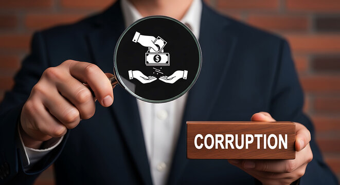 Businessman holding magnifying glass investigating corruption and financial bribery