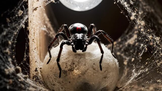Black Widow Spider Protecting Egg Sac in Web
