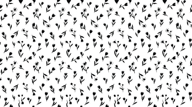 Seamless black and white ditsy floral pattern with small hand drawn tulips and flowers for textile design