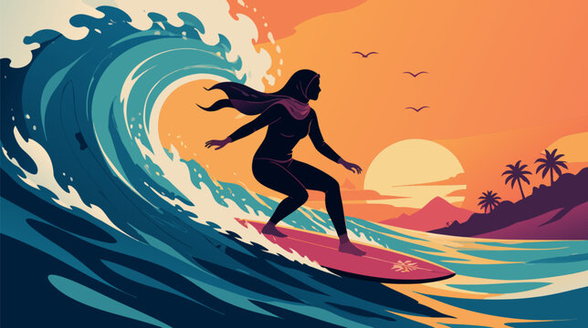 Dynamic Silhouette of a Surfer Riding a Powerful Breaking Wave in the Deep Blue Ocean, Energetic Summer Sports Flat Vector Illustration for Adventure Travel and Active Lifestyle Promotions.
