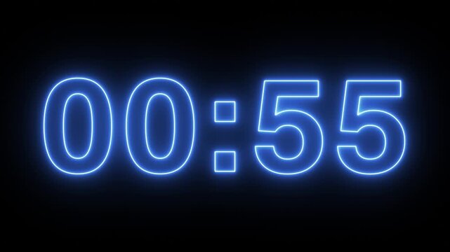 blue neon 1 minute countdown timer glowing digital clock 60 seconds overlay