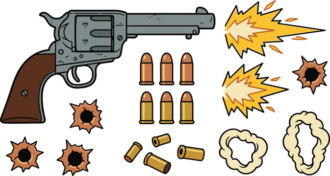Wild West Cowboy Revolver Pistol Vector Set with Bullets Ammunition Gun Muzzle Flash Sparks Smoke Rings and Bullet Hole Icons