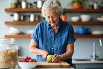 Fototapeta premium Senior woman slicing a fresh green apple on a wooden board in a modern home kitchen