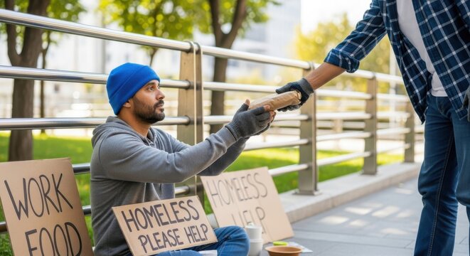 Man receiving food from stranger while sitting on street with signs