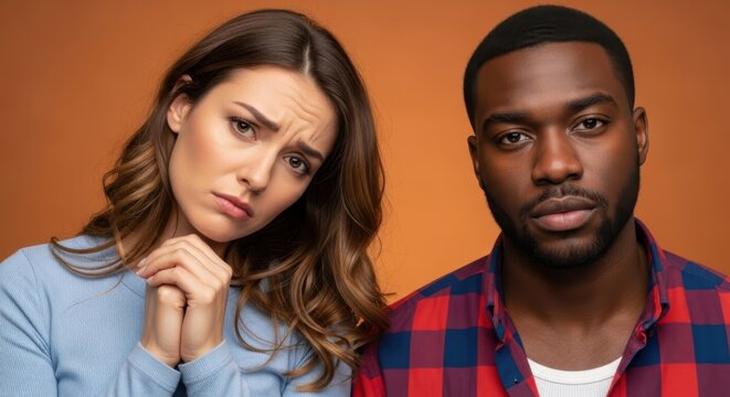 Woman pleading with man who looks unimpressed, relationship conflict