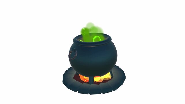 Mysterious green smoke rising from an ancient cauldron on a white background.