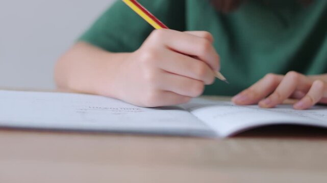 Close up selective focus of a student's hand holding a pencil, writing in a notebook. Bright daylight for the workspace, representing academic concentration,homework, and childhood education concepts.