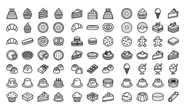 Dessert Outline Drawing Collection Sweet Food Vector Illustration Set
