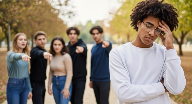 Teenager being bullied by a group of peers in a park