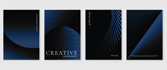Fototapeta na wymiar Blue black abstract wall art poster templates vector set. Dark gradient striped cover designs with curved lines for modern interior decor, flyer and presentation layout.
