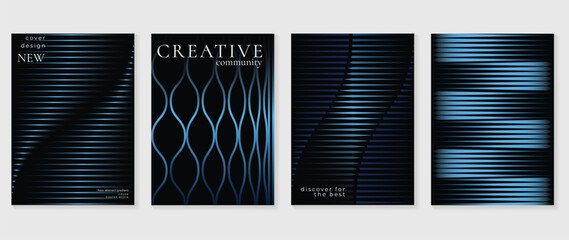 Fototapeta na wymiar Blue black abstract wall art poster templates vector set. Dark gradient striped cover designs with curved lines for modern interior decor, flyer and presentation layout.