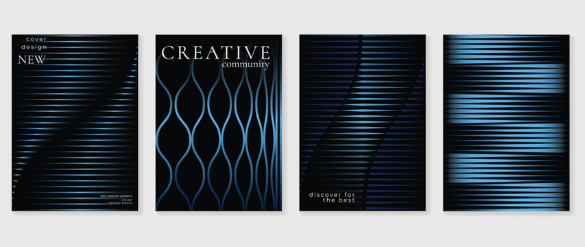 Blue black abstract wall art poster templates vector set. Dark gradient striped cover designs with curved lines for modern interior decor, flyer and presentation layout.