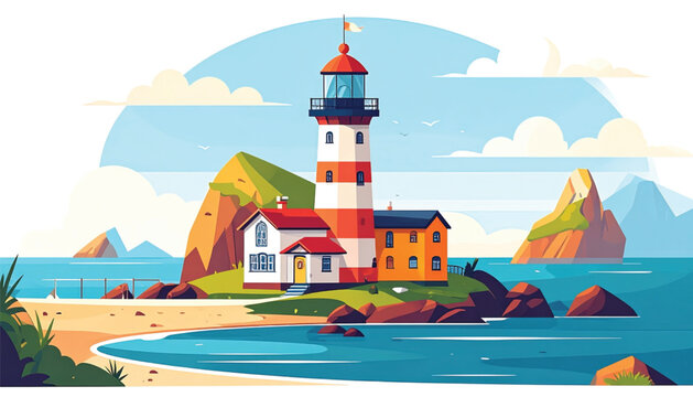 Colorful lighthouse on rocky coastline.